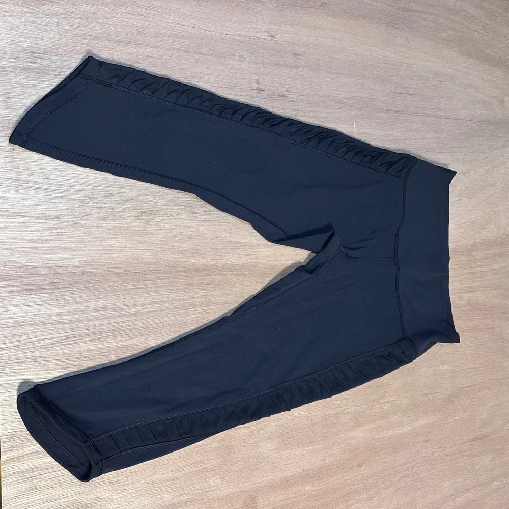 Lululemon Athletica Black Sharp Turns Crop Shirred Ruched Mesh Leggings Size 10